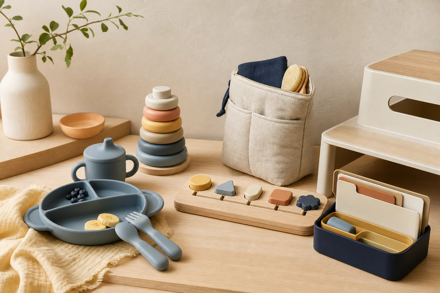 Editorial YUMA direction showing family organisation, travel accessories, and purposeful activity product forms